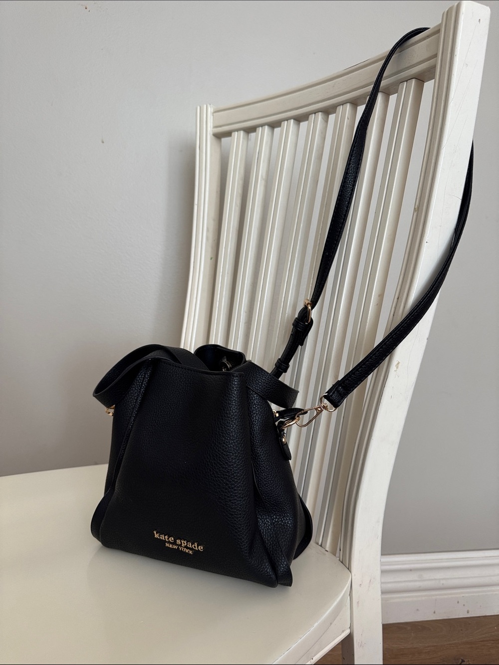 kate spade Black Pebbled Leather Drawstring Bucket Crossbody